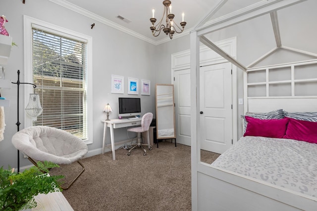 carpeted bedroom featuring ornamental molding and a chandelier