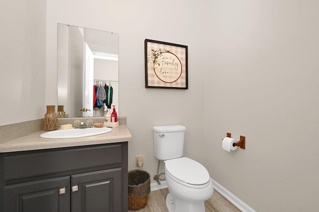 bathroom with vanity, hardwood / wood-style flooring, and toilet