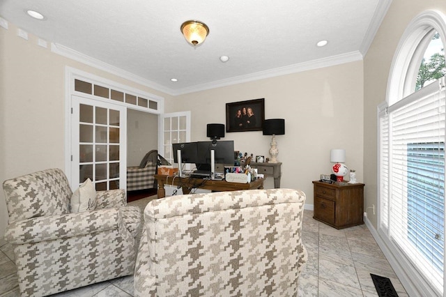 office area featuring crown molding, french doors, and a textured ceiling