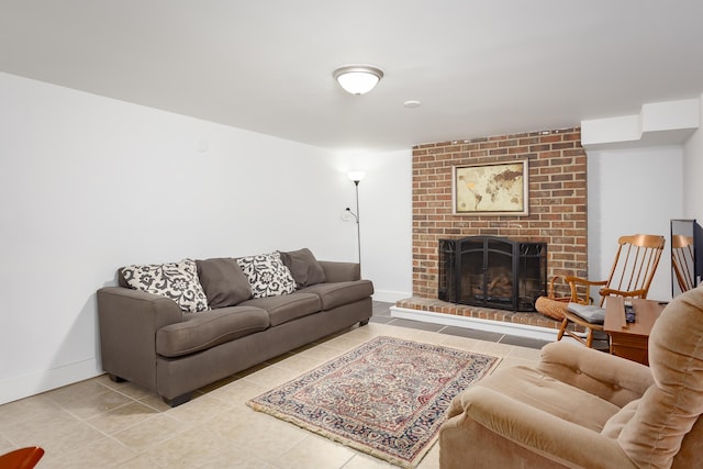 tiled living room with a fireplace