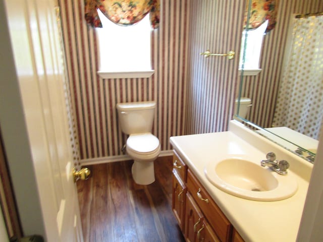 bathroom with hardwood / wood-style floors, vanity, and toilet