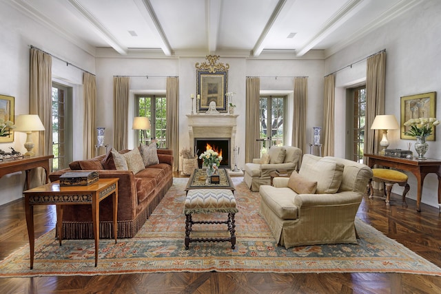 sitting room featuring beamed ceiling, dark parquet floors, and ornamental molding