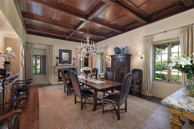 dining area with coffered ceiling, wood ceiling, crown molding, beamed ceiling, and a chandelier