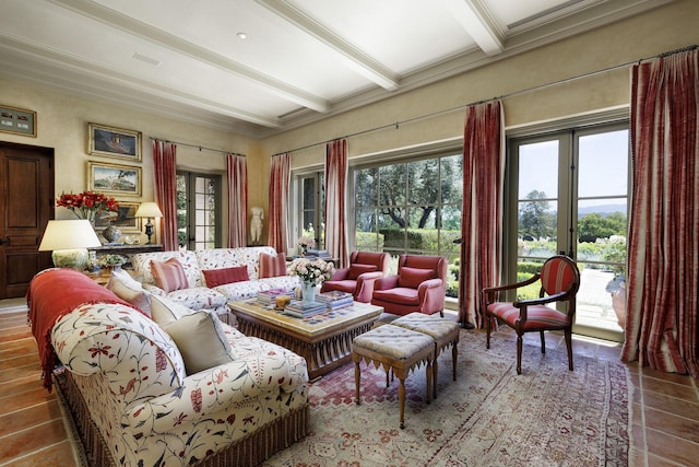 sunroom with beamed ceiling and a healthy amount of sunlight