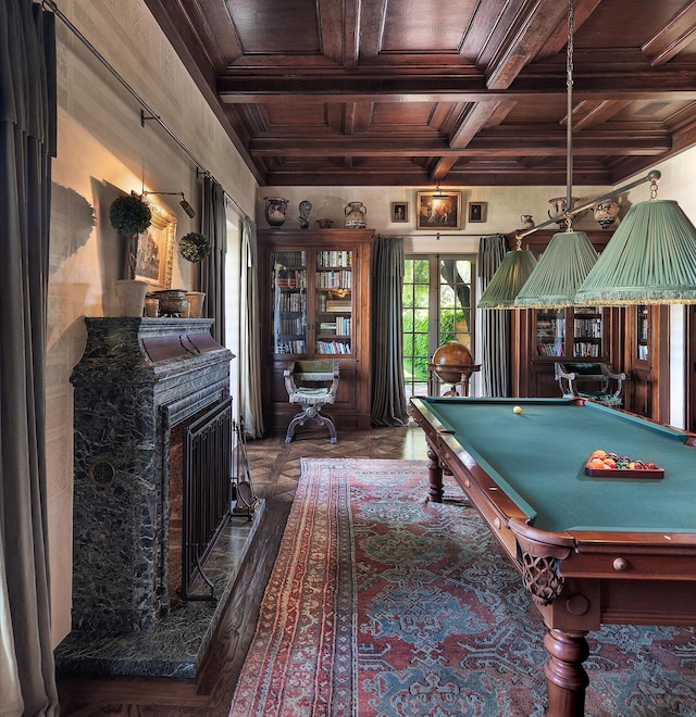 playroom with beam ceiling, wood ceiling, pool table, and coffered ceiling