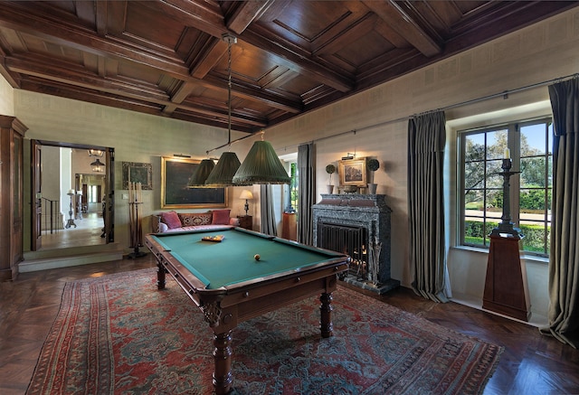 game room featuring dark parquet flooring, coffered ceiling, beamed ceiling, wood ceiling, and pool table