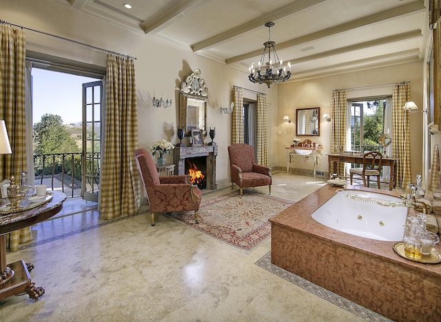 living room featuring a chandelier and beam ceiling