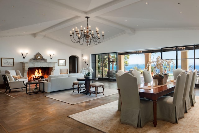 dining space featuring light parquet flooring, vaulted ceiling with beams, and a notable chandelier