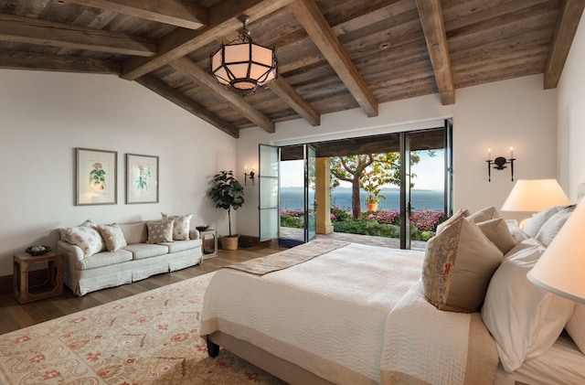 bedroom featuring wooden ceiling, a water view, and access to exterior