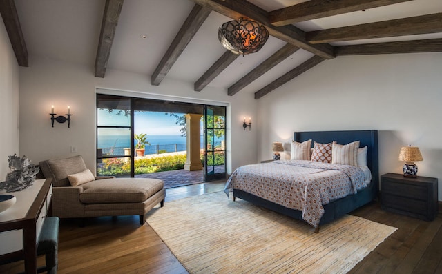 bedroom featuring vaulted ceiling with beams, dark hardwood / wood-style floors, access to exterior, and a water view