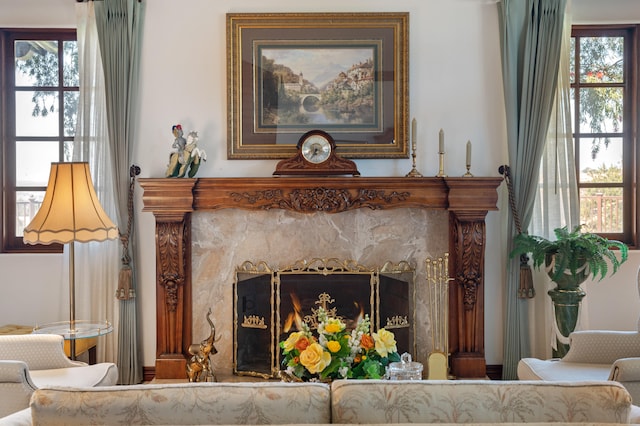 interior details featuring a high end fireplace