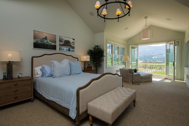 carpeted bedroom featuring access to outside, a chandelier, multiple windows, and high vaulted ceiling