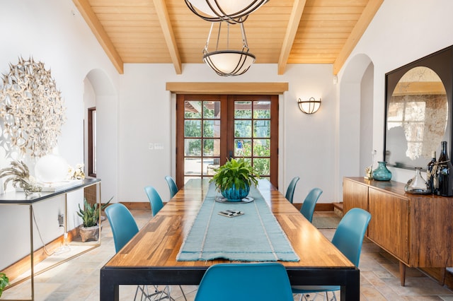 dining space featuring lofted ceiling with beams, french doors, wooden ceiling, and light tile floors