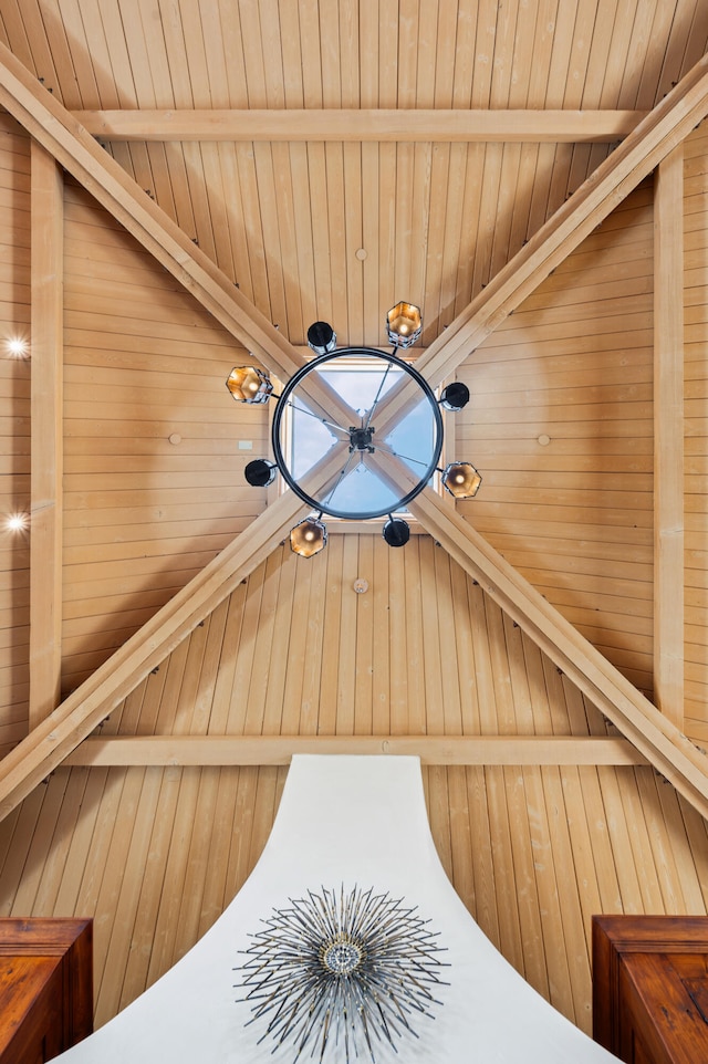 details with wooden walls, wooden ceiling, and beamed ceiling