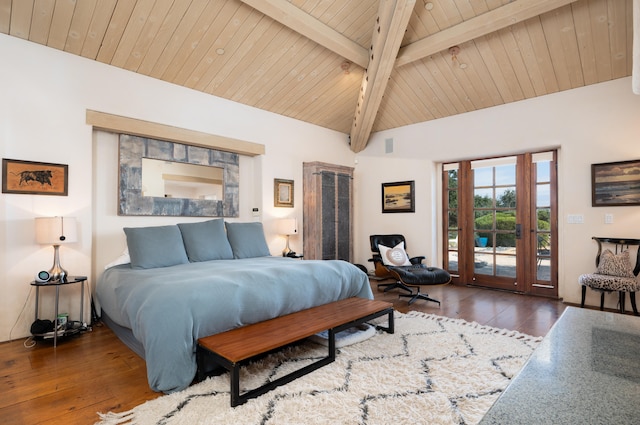 bedroom with dark hardwood / wood-style flooring, vaulted ceiling with beams, access to outside, and wood ceiling