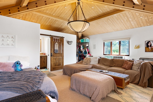 bedroom featuring wood ceiling, light carpet, and lofted ceiling with beams