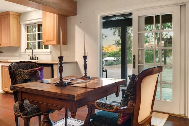 dining area with dark hardwood / wood-style flooring and sink