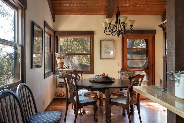 dining area featuring dark wood-type flooring, a notable chandelier, wood ceiling, and beamed ceiling