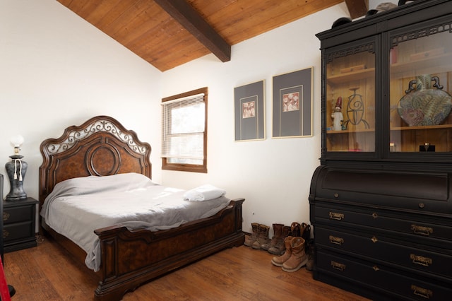 bedroom featuring wood ceiling, dark hardwood / wood-style flooring, and lofted ceiling with beams