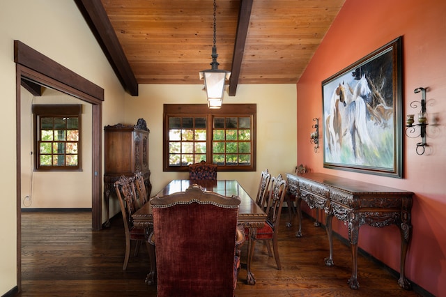 dining room featuring wood ceiling, dark hardwood / wood-style floors, a healthy amount of sunlight, and lofted ceiling with beams