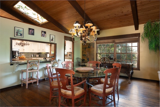 dining room with wooden ceiling, vaulted ceiling with skylight, and an inviting chandelier