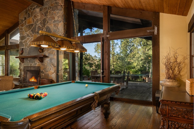 game room featuring high vaulted ceiling, a fireplace, billiards, wood ceiling, and dark wood-type flooring