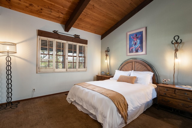 carpeted bedroom featuring wood ceiling and vaulted ceiling with beams