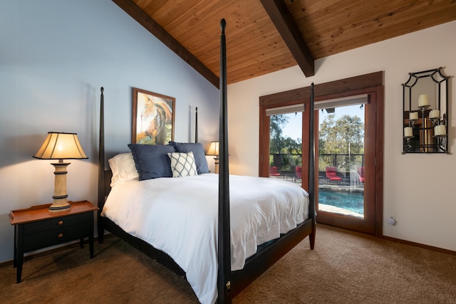 carpeted bedroom featuring lofted ceiling with beams and wood ceiling