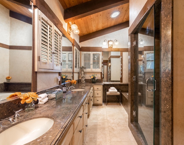 bathroom with tile floors, wooden ceiling, dual bowl vanity, lofted ceiling with beams, and shower with separate bathtub