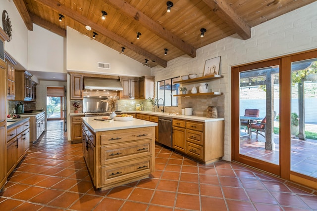 kitchen featuring backsplash, a wealth of natural light, and wood ceiling