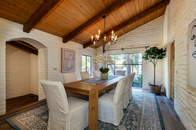 dining space featuring dark hardwood / wood-style flooring, brick wall, a chandelier, and wood ceiling