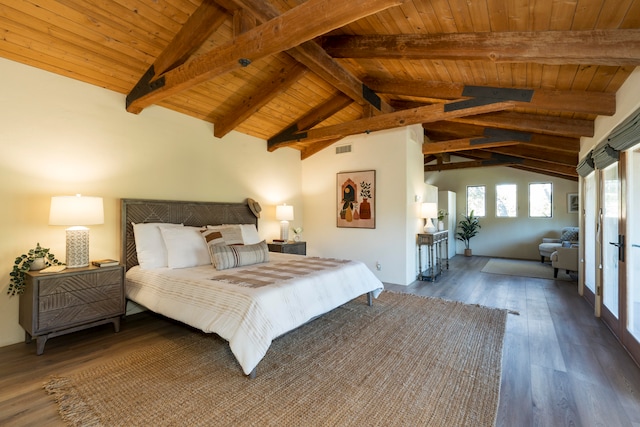 bedroom featuring vaulted ceiling with beams, dark wood-type flooring, and wood ceiling