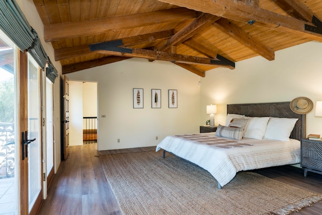 unfurnished bedroom featuring lofted ceiling with beams, dark wood-type flooring, and wood ceiling