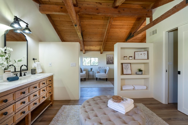 bathroom featuring wood ceiling, lofted ceiling with beams, vanity, and hardwood / wood-style flooring