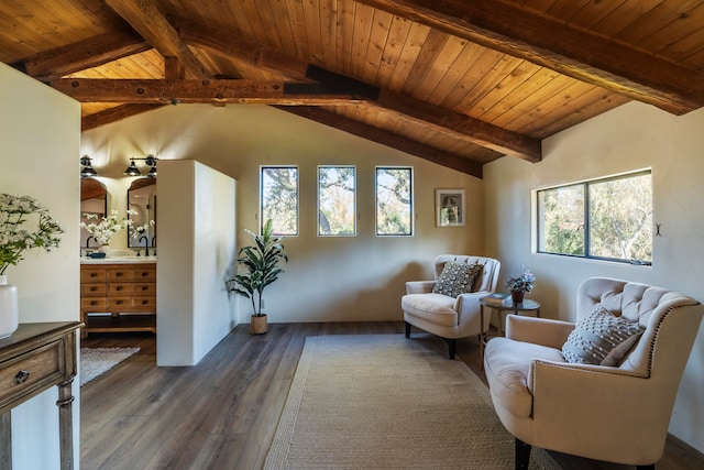 living area featuring dark hardwood / wood-style flooring, vaulted ceiling with beams, wood ceiling, and a healthy amount of sunlight