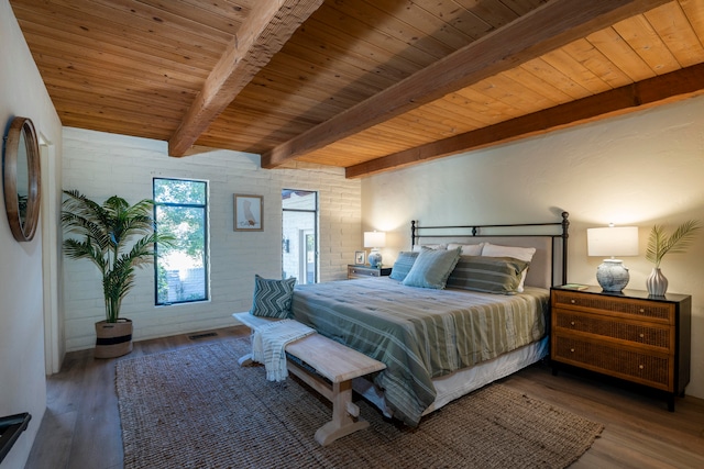 bedroom featuring dark hardwood / wood-style flooring, wood ceiling, and beamed ceiling