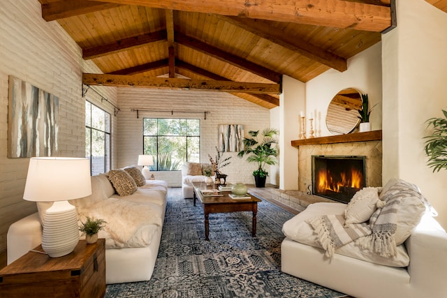 living room featuring high vaulted ceiling, beam ceiling, brick wall, and wooden ceiling