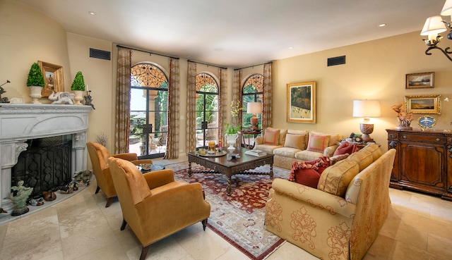 living room with light tile flooring