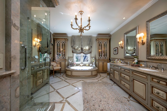 bathroom featuring shower with separate bathtub, ornamental molding, tile flooring, an inviting chandelier, and large vanity