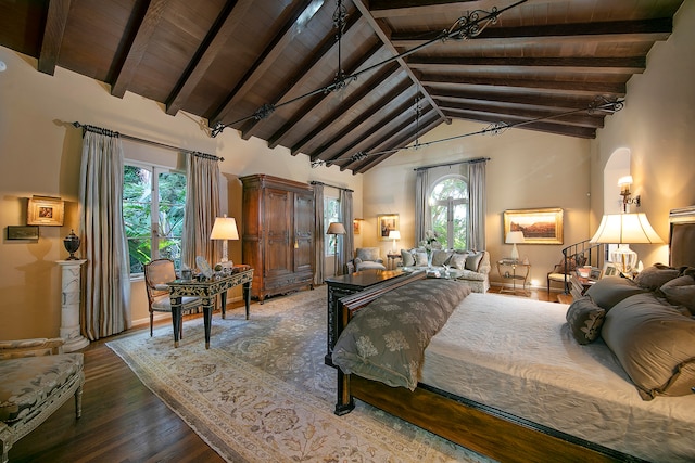 bedroom featuring wooden ceiling, dark hardwood / wood-style flooring, high vaulted ceiling, and beamed ceiling