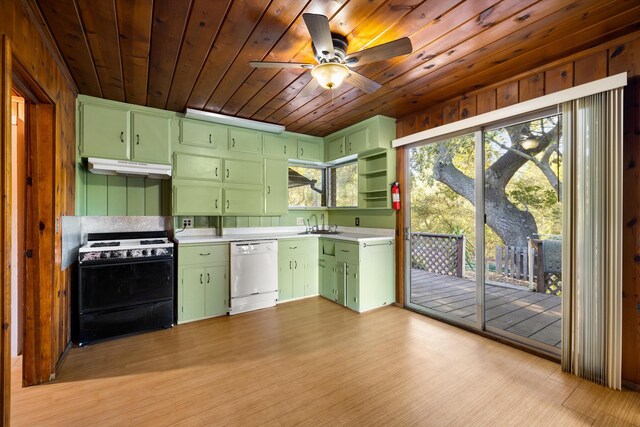 kitchen with white appliances, wood ceiling, green cabinetry, and light wood-type flooring