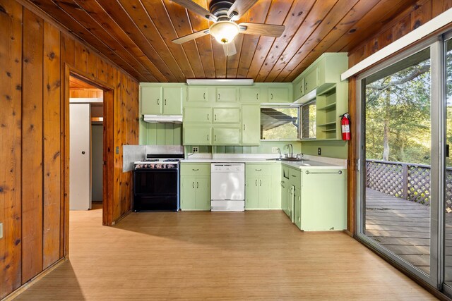 kitchen with white appliances, wood ceiling, wood walls, and light wood-type flooring