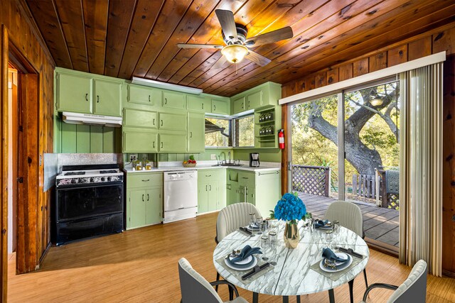 kitchen featuring white appliances, ceiling fan, light hardwood / wood-style floors, wooden ceiling, and green cabinetry