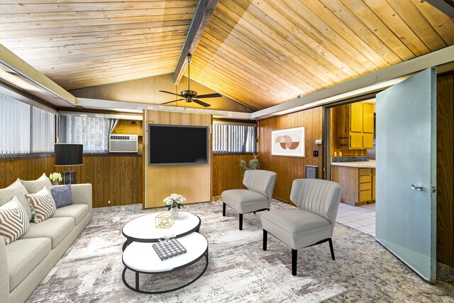 tiled living room with wood ceiling, wooden walls, ceiling fan, and vaulted ceiling with beams