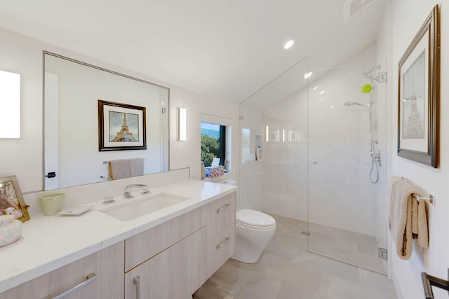 bathroom with vanity, lofted ceiling, an enclosed shower, and toilet