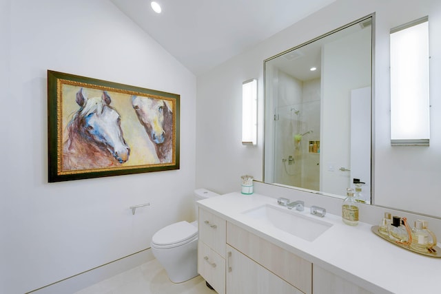 bathroom featuring lofted ceiling, toilet, an enclosed shower, and vanity