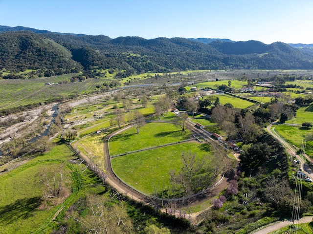 bird's eye view featuring a mountain view and a rural view