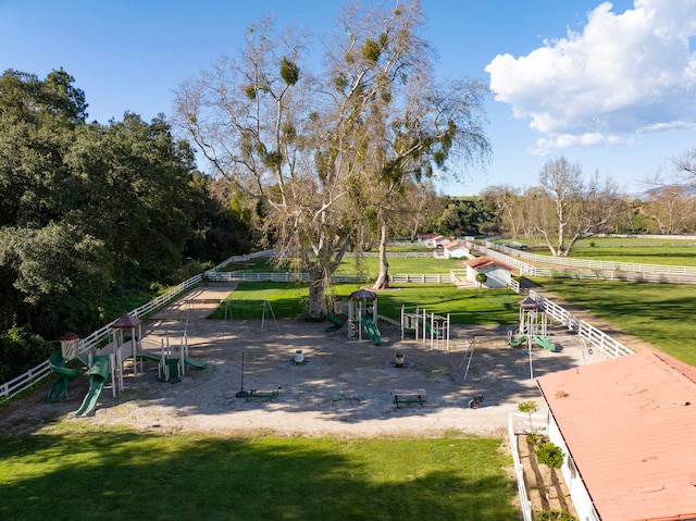 view of jungle gym featuring a yard