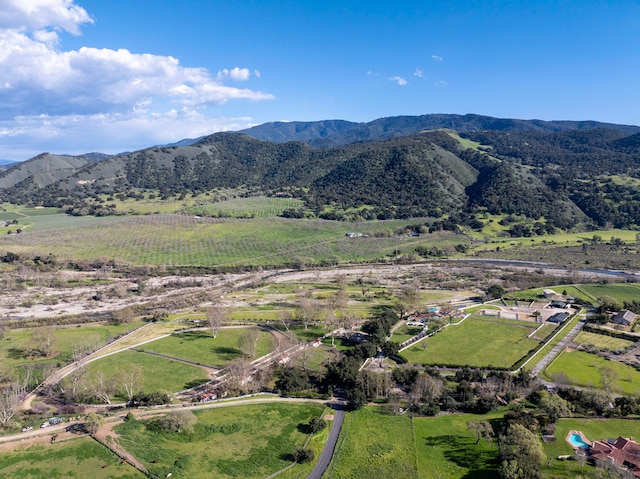 birds eye view of property featuring a mountain view and a rural view