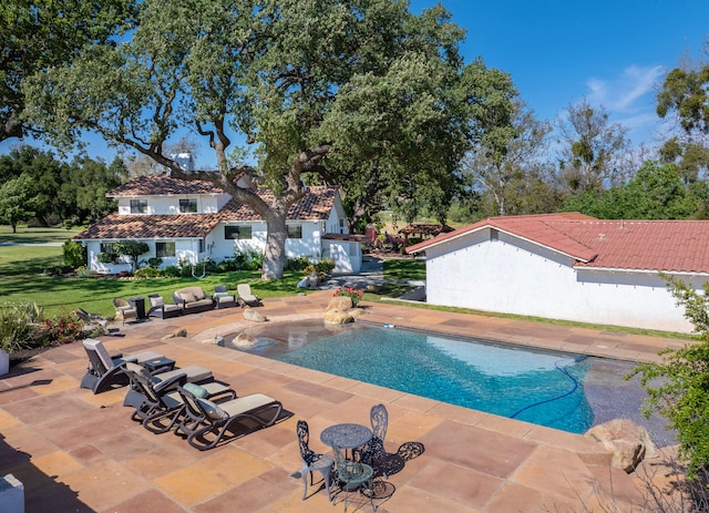 view of swimming pool with a yard and a patio area